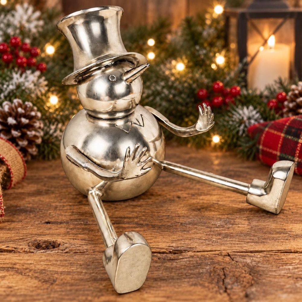 Silver Tone Metal Snowman Shelf Sitter Long Legs Christmas Made India 5"